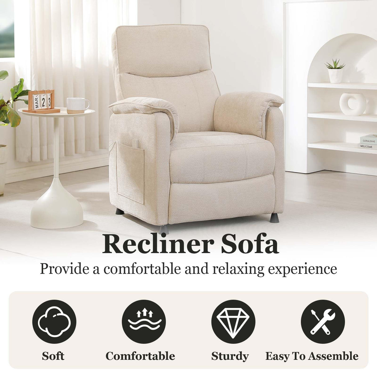 Small Recliners for Small Spaces, Adjustable Electric Recliner Chairs for Adults, Ultra-Comfy Chenille Power Recliner Chair w/Side Pockets & Remote for Nursery, Living Room, Bedroom (Beige) MWrouqfur