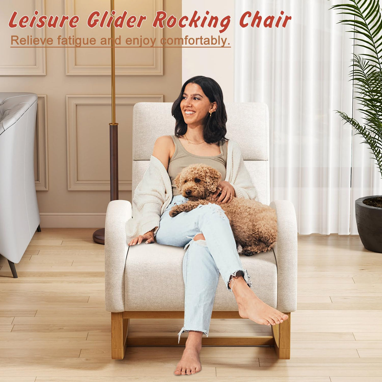 Gaussen Glider Rocking Chair Nursery Comfy Accent Chair with High Backrest Upholstered Living Room Chairs with Side Pocket Armchair Reading Chair for Bedroom Nursery Office, Cream Gaussen