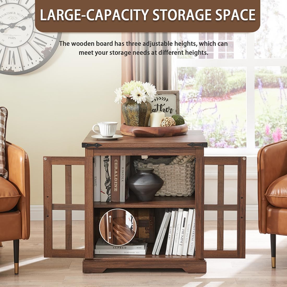 Barnyatoh Farmhouse End Table with Charging Station,24" Large Sofa Side Table with Glass Barn Door, Rustic Wood Nightstand Bedside Table with Adjustable Storage Shelf for Living Room, Bedroom, Walnut Barnyatoh