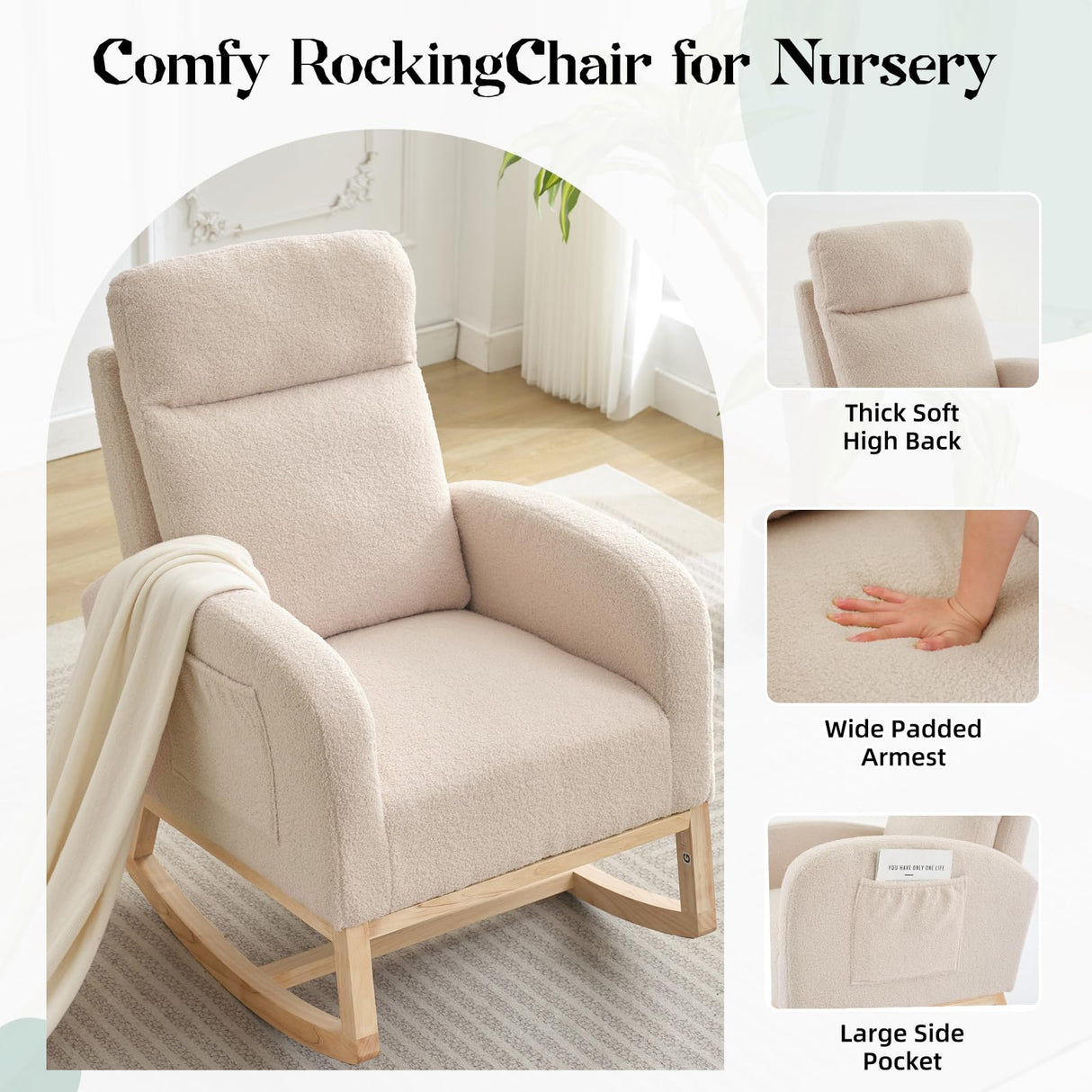 PeacefulHues Upholstered Rocking Chair, Glider Chair Nursery Chair with High Back and Side Pocket, Rocking Accent Armchair with Rubber Wood Legs for Living Room/Bedroom/Nursery PeacefulHues