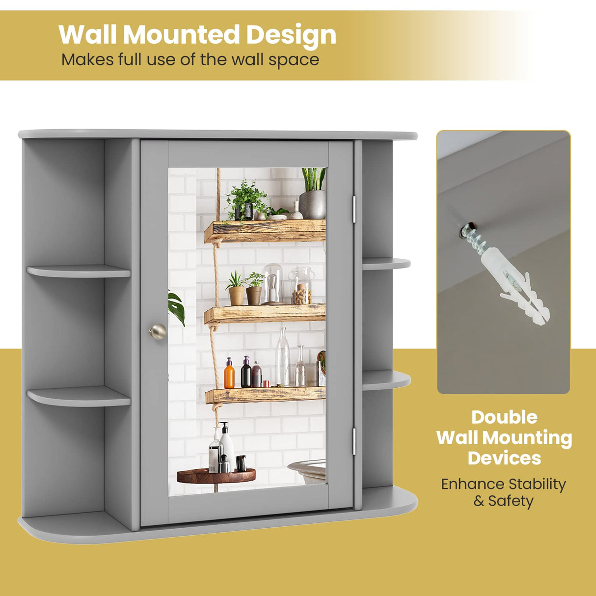 Tangkula Bathroom Medicine Cabinet with Mirror, Wall Mounted Home Storage with Door & 6 Open Shelves, Adjustable Shelves, Mirrored Bathroom Wall Cabinet (Gray) Tangkula