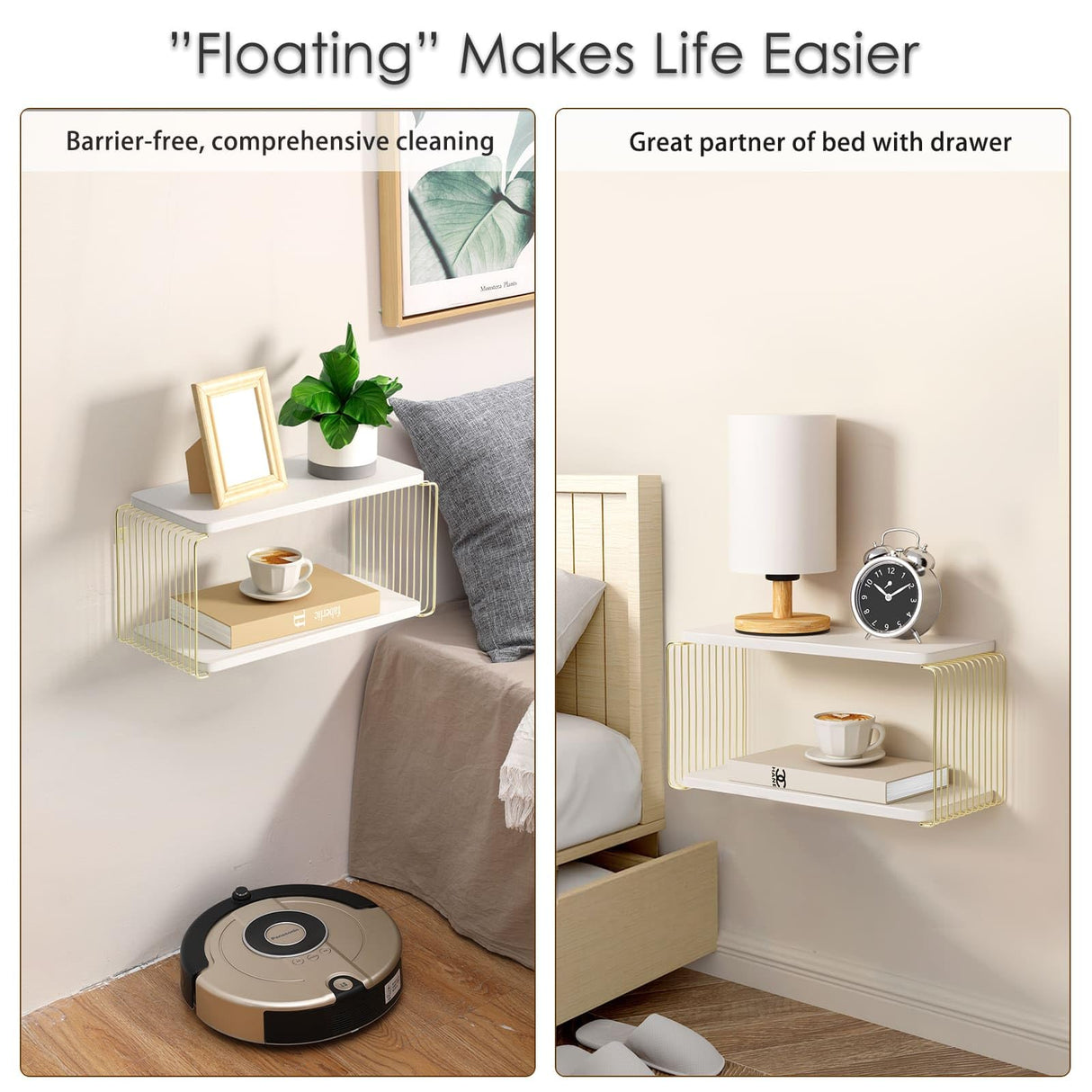 Filano Floating Nightstand White and Gold Wall Mounted Nightstand, Small Bedside Wall Shelves for Bedroom, Wood Floating Bed Side Table/Night Stand 2 Tiers Modern Decor Filano