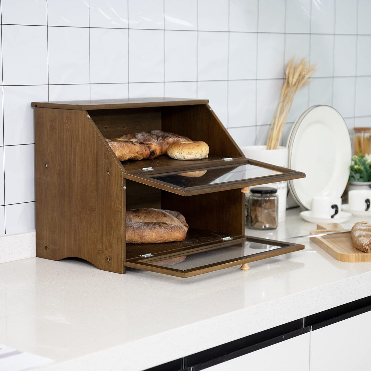 HOMEKOKO Double Layer Large Bread Box for Kitchen Counter, Wooden Large Capacity Bread Storage Bin (Brown) HOMEKOKO