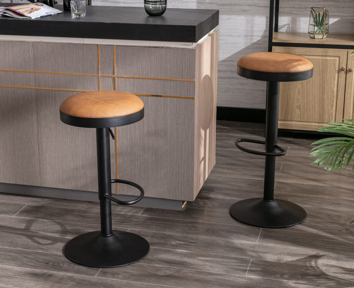 EALSON Modern Swivel Bar Stool Adjustable Counter Height Backless Barstools with Metal Base Leather Upholstered Round Bar Stool Chairs for Kitchen Island/Pub/Breakfast Bar, Brown 1PC EALSON