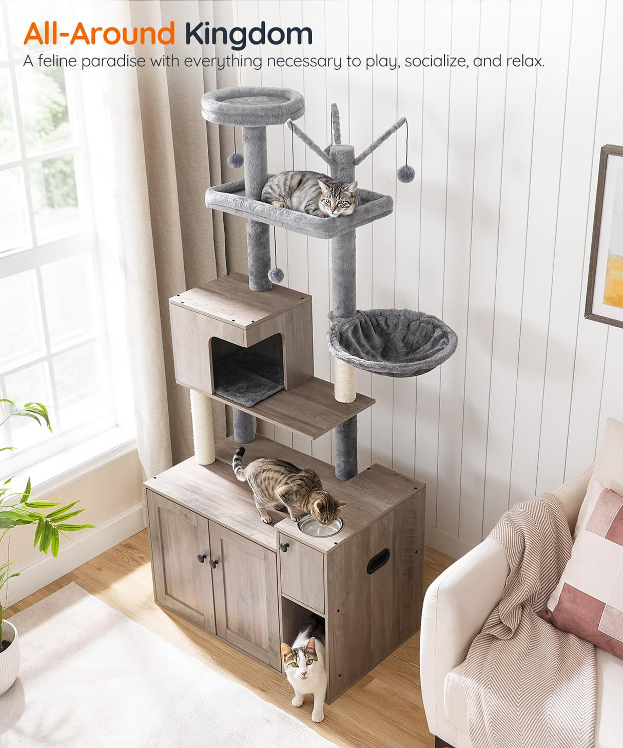 HOOBRO Cat Tree with Litter Box Enclosure, Cat Tower with Food Bowl and Storage, Hidden Cat Litter Enclosure Furniture, All-in-One Modern Cat Condo, with Cat House, Hammock and Perch, Greige BG80MZ03 HOOBRO