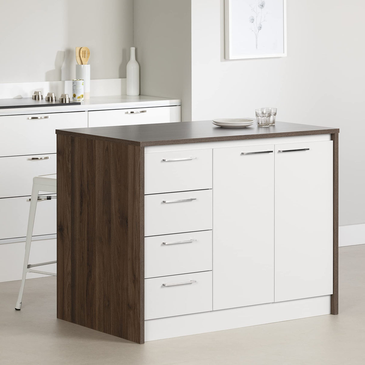 South Shore Myro Kitchen Island, Natural Walnut and White South Shore