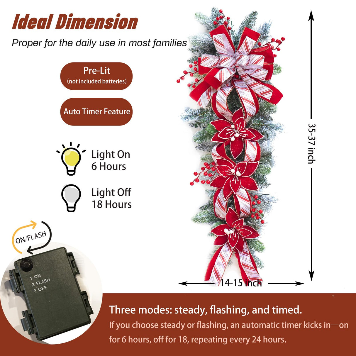 36 Inch Pre-Lit Christmas Teardrop Swag, Soomeir Winter Holiday Swags Wreaths with Red Velvet Glitter Stripe Ribbon, Red Berries for Front Door, Wall Window Fireplace Mailbox Artificial Decor Soomeir