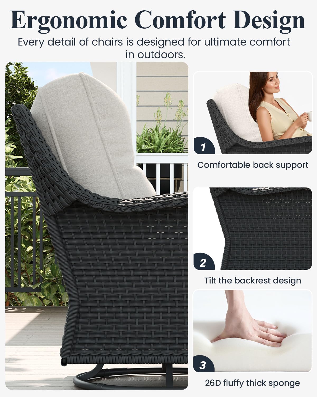 LayinSun 10 Piece Wicker Outdoor Furniture Set with 6-inch Comfy Cushions, High Back Patio Furniture Set with Swivel Rocking Chairs and Fire Pit Table LayinSun