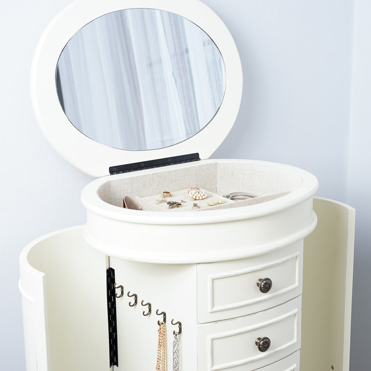 Hives & Honey Bailey Oval Standing Jewelry Armoire Cabinet, Jewelry Storage Organizer with Mirror Lid, 2 Side Doors, 7 Drawers, Jewelry Chest, Jewelry Box for Necklace, Earring, Bracelet, Ivory Hives and Honey