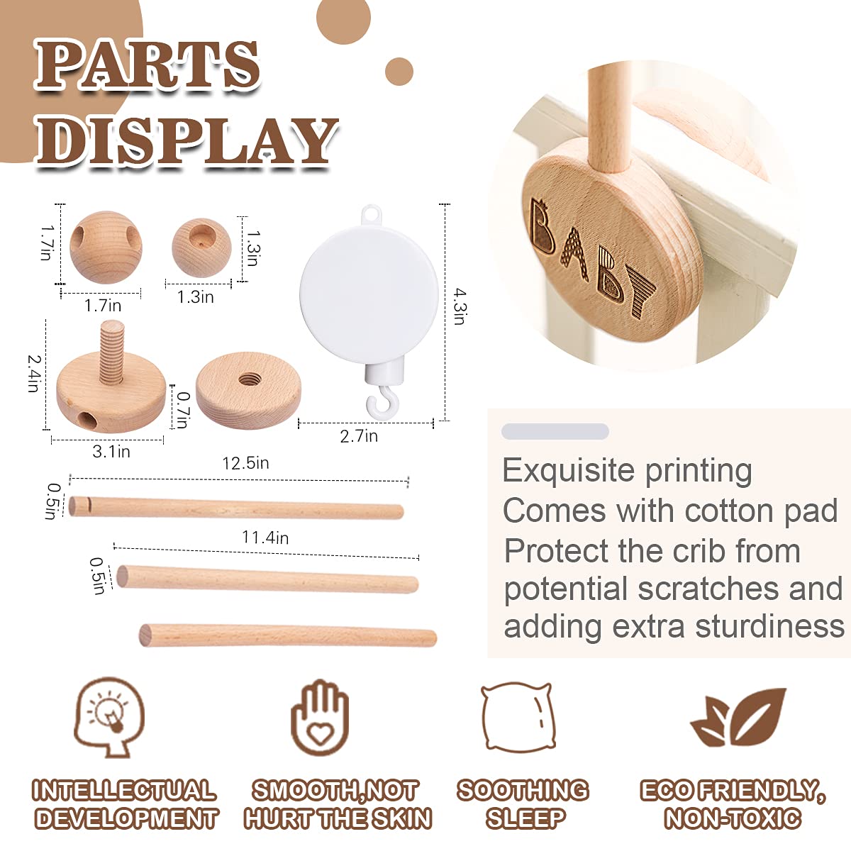 JETM·HH Baby Crib Mobile Arm Wooden Holder 30 inch Beech Hangers with Rotating Music Box Nursery Decor Attachment Safe Anti Slip Set JETM·HH