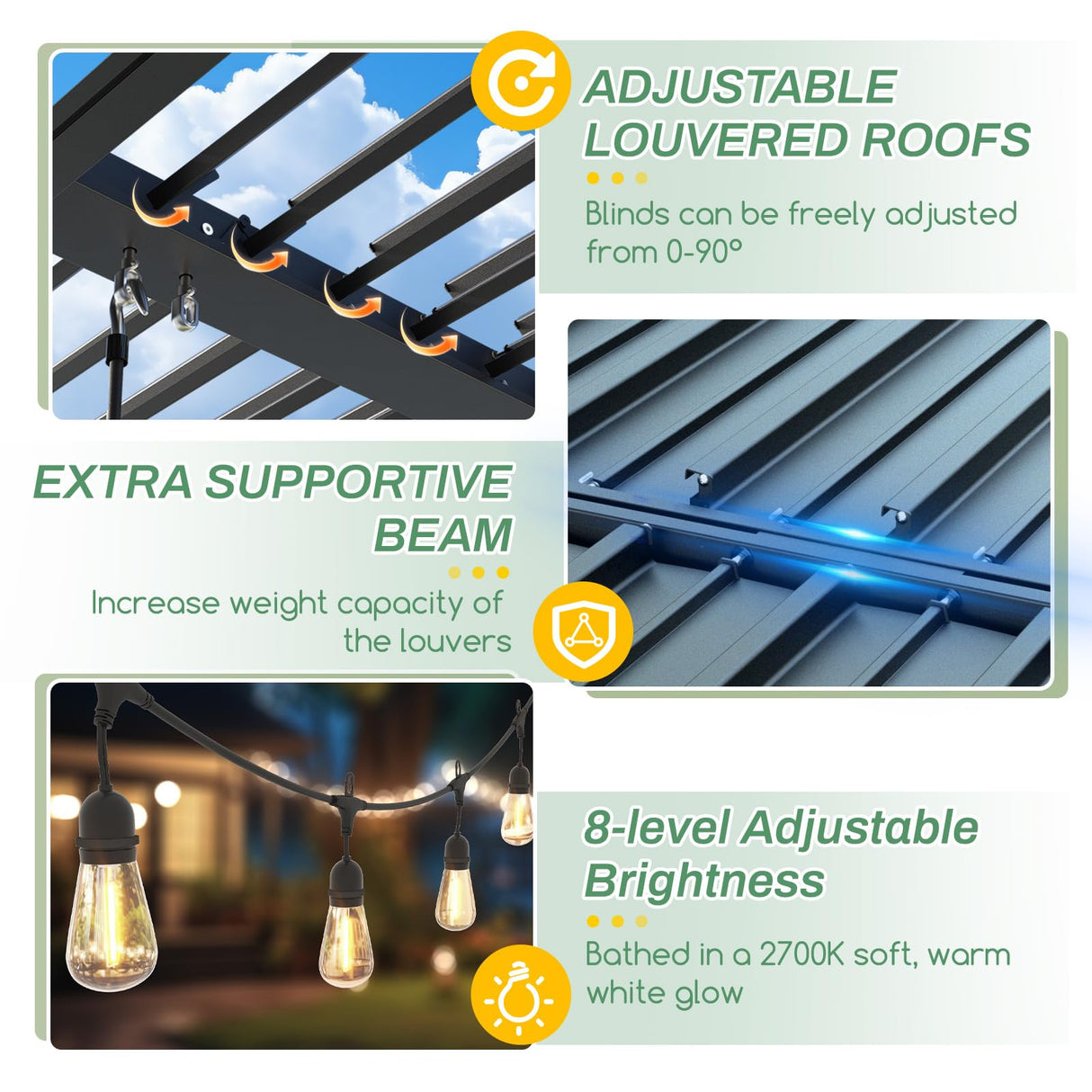 LVUYOYO Outdoor Louvered Pergola 10' x 10' with LED String Lights, Aluminum Pergola with Adjustable Roof, Waterproof Metal Gazebo for Patio, Backyard, Garden, Deck (10x10FT with Lights) LVUYOYO