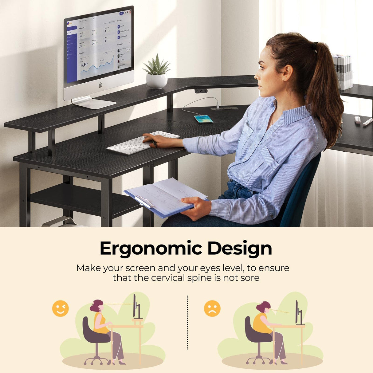 Rolanstar L Shaped Gaming Desk with LED Lights & Power Outlets, 53" Computer Desk with Full Monitor Stand & Storage Shelf, Corner Desk with Hooks, Black Desk Reversible Rolanstar