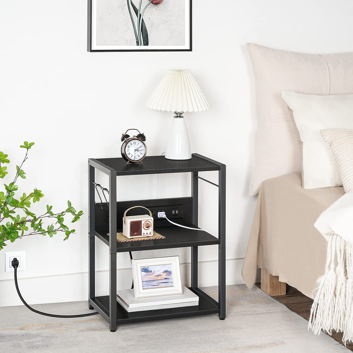 MAHANCRIS Industrial Printer Cart, 3-Tier Mobile Printer Stand, Rolling Cart with Power Outlets and USB Ports, Home Printer Stand with 2 Hooks, for Office, Living Room, Black PTHB40E01 MAHANCRIS