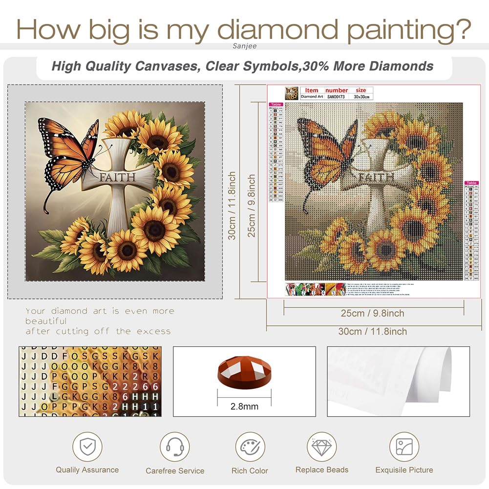 Sanjee Cross Diamond Art Painting Kits for Adults Beginner, Sunflower 5D DIY Round Full Drill Gem Art Crafts for Home Wall Decor Gift, 12x12inch Sanjee