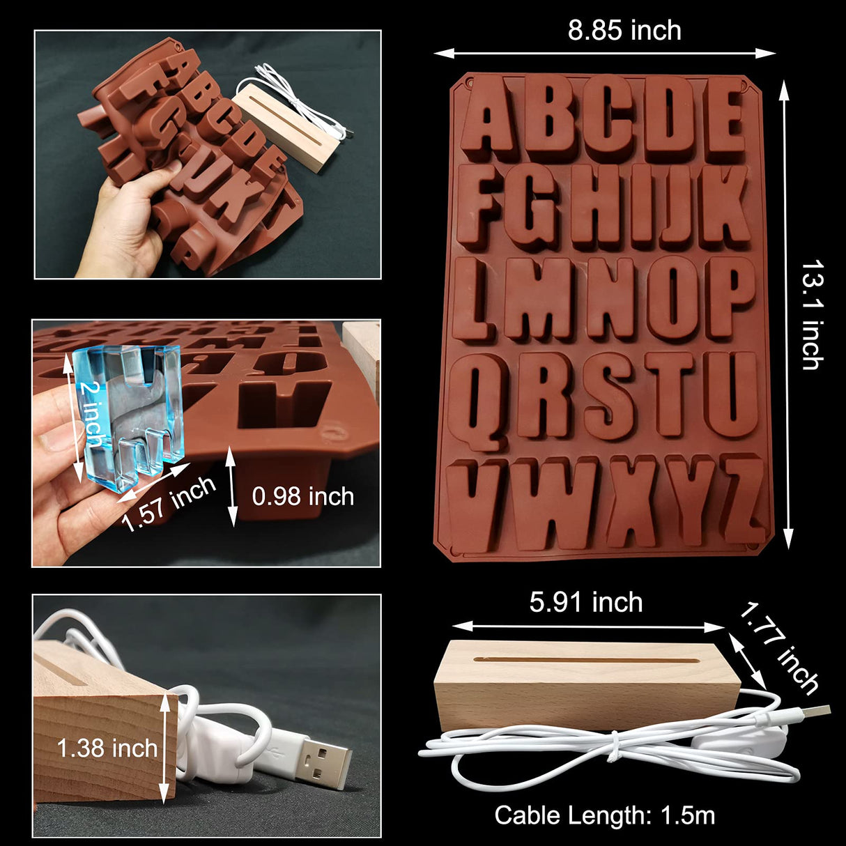 Voaesdk Big Letter Light Resin Molds,26 Cavities Alphabet LED Silicone Resin Mold with 1Pcs USB Powered Wooden Lighted Base Stand for DIY Table Crafts Party Wedding Desktop Lamp Home Decor Voaesdk