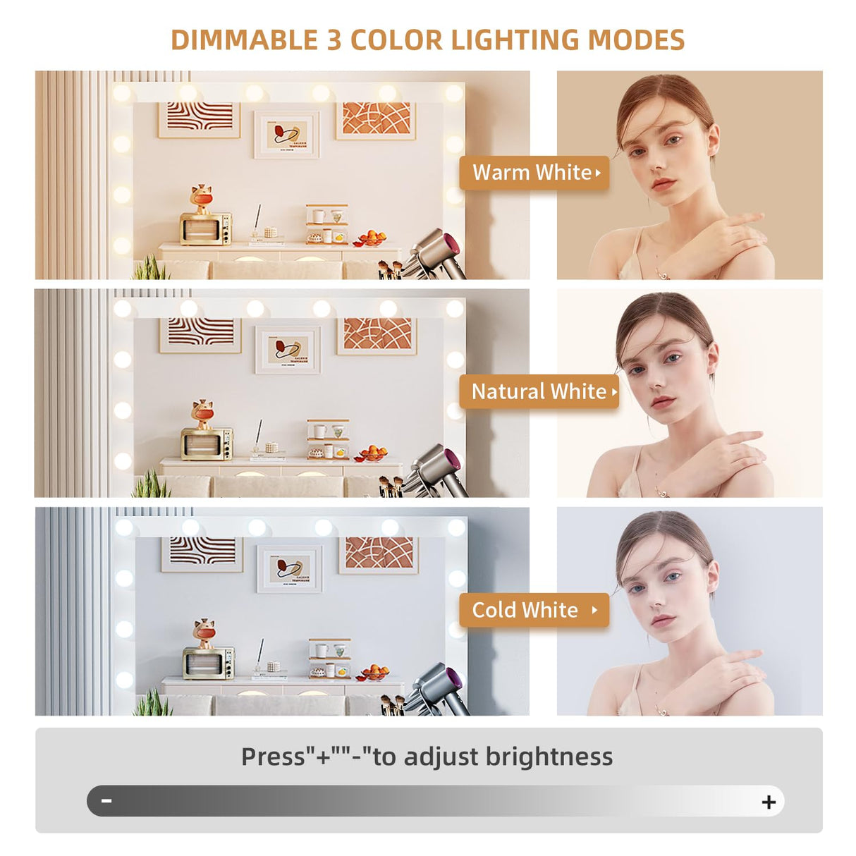 VOWNER White Makeup Vanity Desk with Lighted Mirror & Power Outlet, 3 Color Modes, Vanity Table with Drawer,Sliding Shelves for Bedroom VOWNER