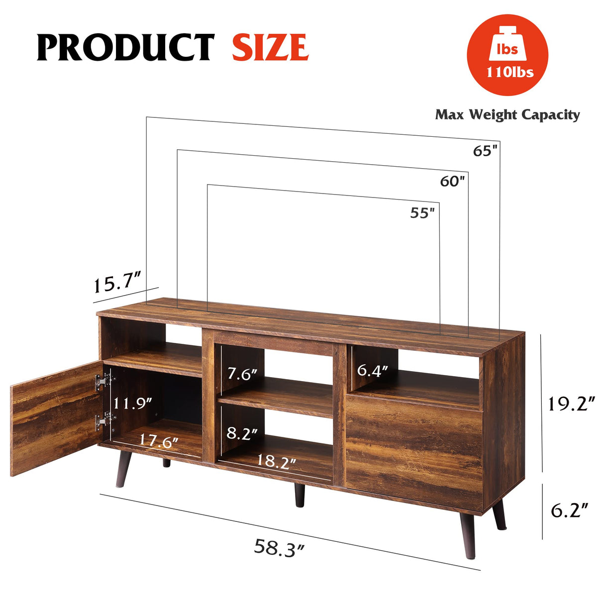 WLIVE TV Stand for 65 Inch TV, 58 inch Entertainment Center with 2 Storage Cabinets, Media Console for Living Room, Bedroom and Office, Retro Brown WLIVE