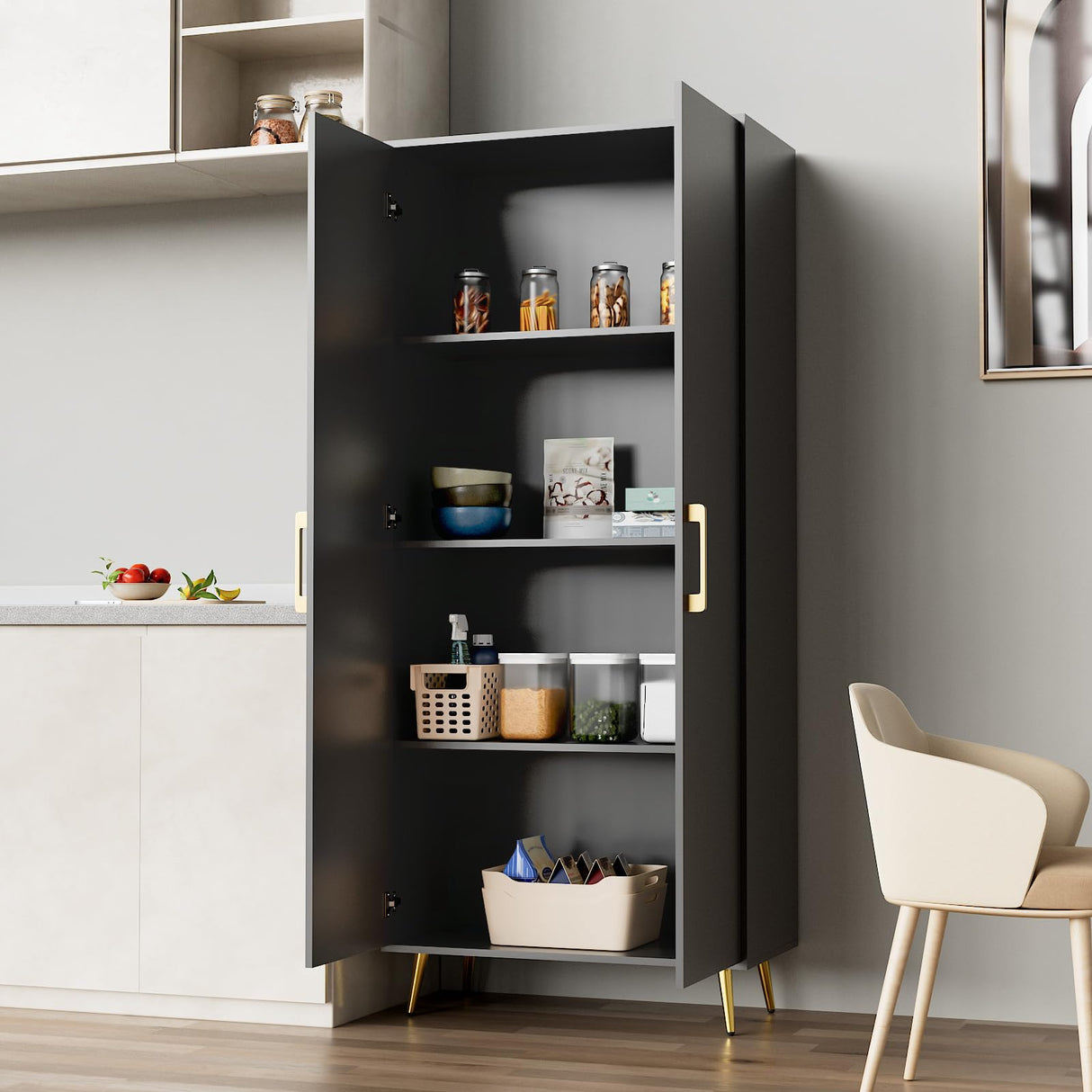 LYNSOM Tall Storage Cabinet, Freestanding Kitchen Pantry Cabinet with Adjustable Shelf and Doors, Floor Storage Accent for Kitchen, Dining Room (Black) LYNSOM
