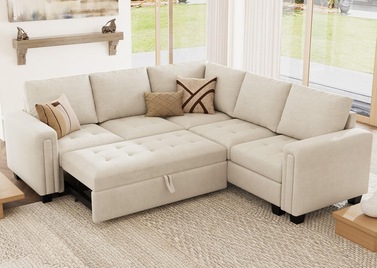 Belffin Modular Sectional Sleeper Sofa with Pull Out Couch Bed Velvet Convertible L Shaped Sectional Couch for Living Room Apartment Beige Belffin