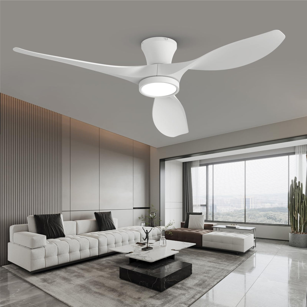 TALOYA 52 inch Ceiling Fans with Lights Remote Control, Modern Low Profile Ceiling Fan with Quiet Reversible DC Motor for Bedroom Living Room and Patio White TALOYA