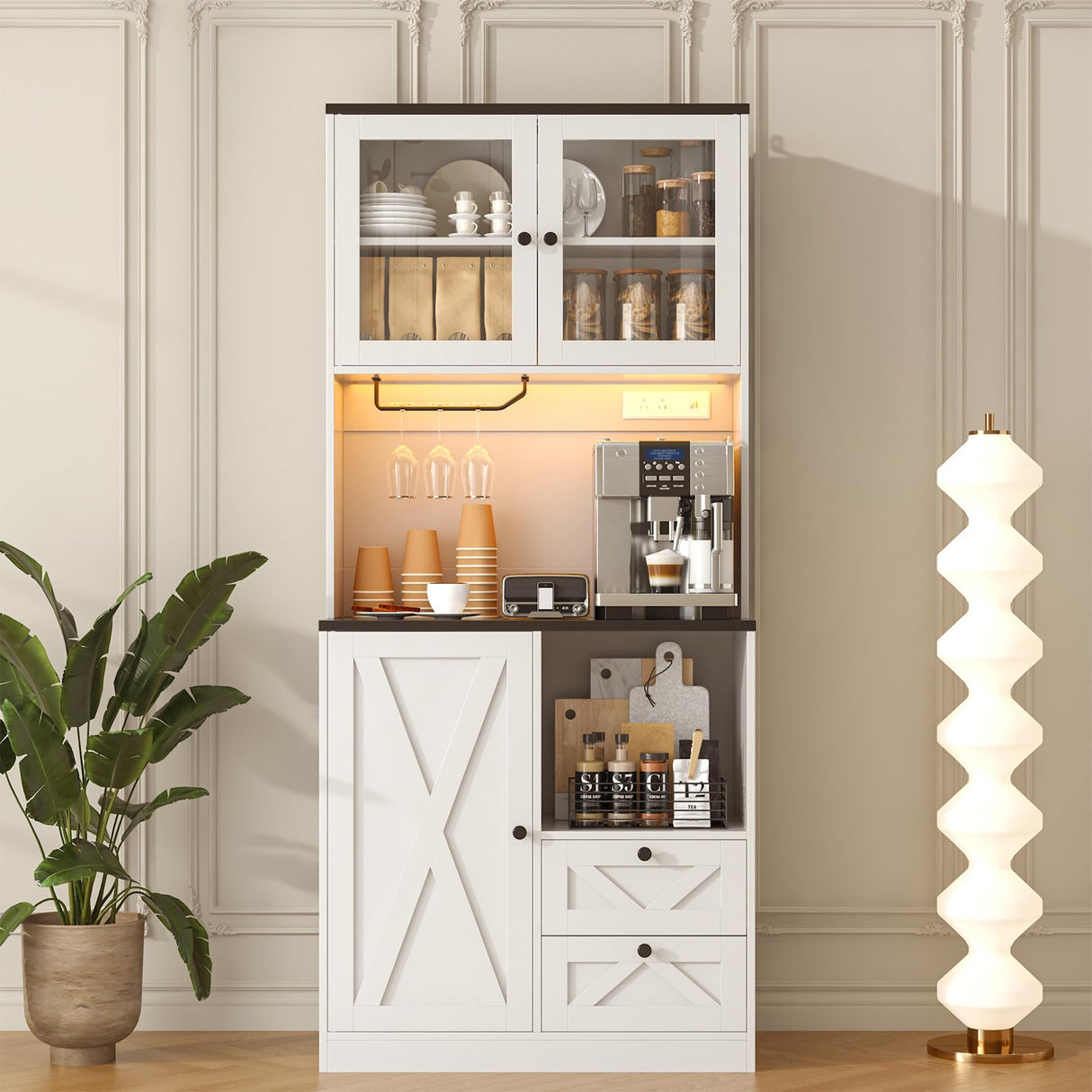 CBBPET 71" Tall Coffee Bar Cabinet with Storage Hutch, Farmhouse Kitchen Pantry Cabinet with LED Lights Microwave Stand and Glass Holder for Home Dining Room Kitchen,White CBBPET