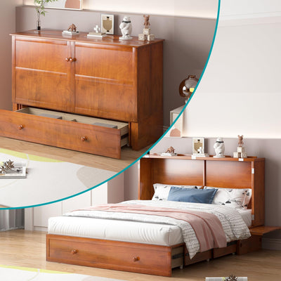 BALUS Queen Murphy Bed with Built-in USB Charging Ports & Bedside Panel, Wood Hidden Wall Beds, Modern Murphy Beds Cabinet Beds for Bedroom/Living Room - Cherry