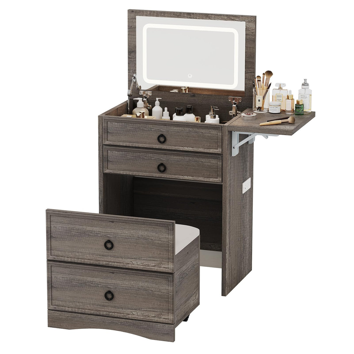 LUXOAK 3-in-1 Vanity Set with LED Lighted Flip Top Mirror, Makeup Table with Fold-Up Panel, Hidden Stool, Charging Station, Small Vanity for Bedroom & Dressing Room, Rustic Grey LUXOAK