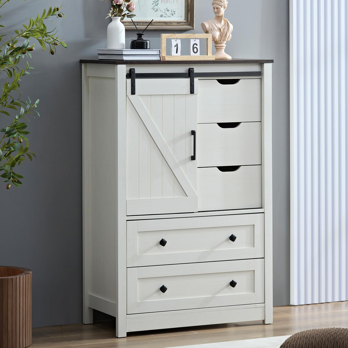 BOSHIRO White Dresser for Bedroom with 5 Drawers, 48" Tall Dresser w/Sliding Barn Door, Farmhouse Dresser 5 Chest of Drawers for Bedroom, Hallway, Living Room, Dining Room, Antique White BOSHIRO