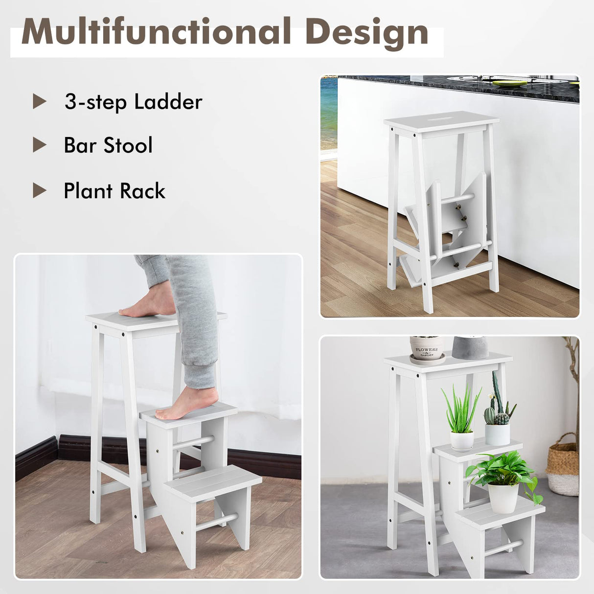 Giantex 3 Tier Folding Step Ladder, Multifunction 3-in-1 Wood Step Stool, Display Ladder and Storage Shelf for Library, Home Kitchen, Household Work, White Giantex