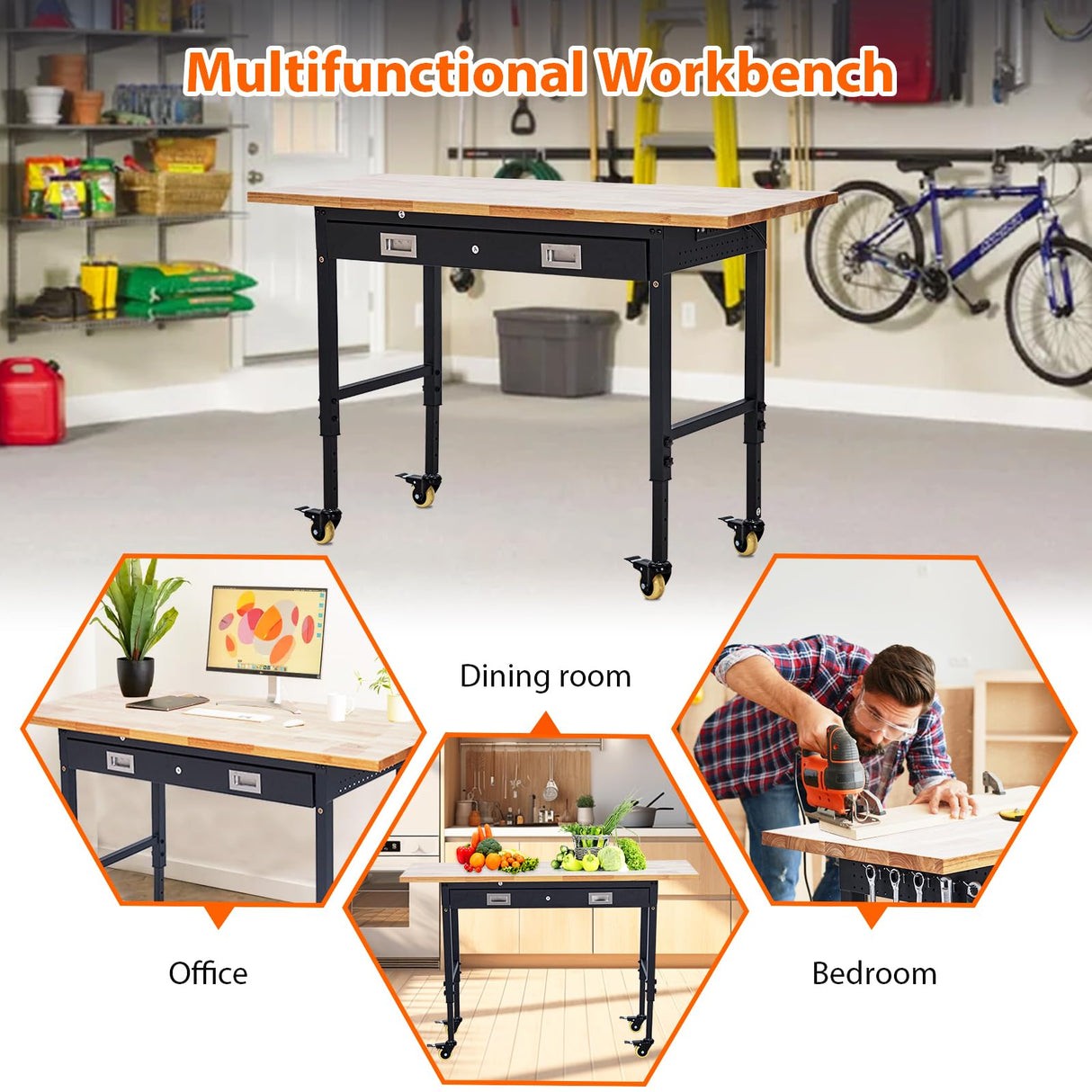 TrailBlaze 60"x22'' Workbench with Drawer Storage, Power Outlet & 4 Lockable Wheels, Heavy Duty Rubber Wood Top Workbench, Adjustable Height Work Table for Home/Garage/Workshop - 2000lbs Load Capacity TrailBlaze