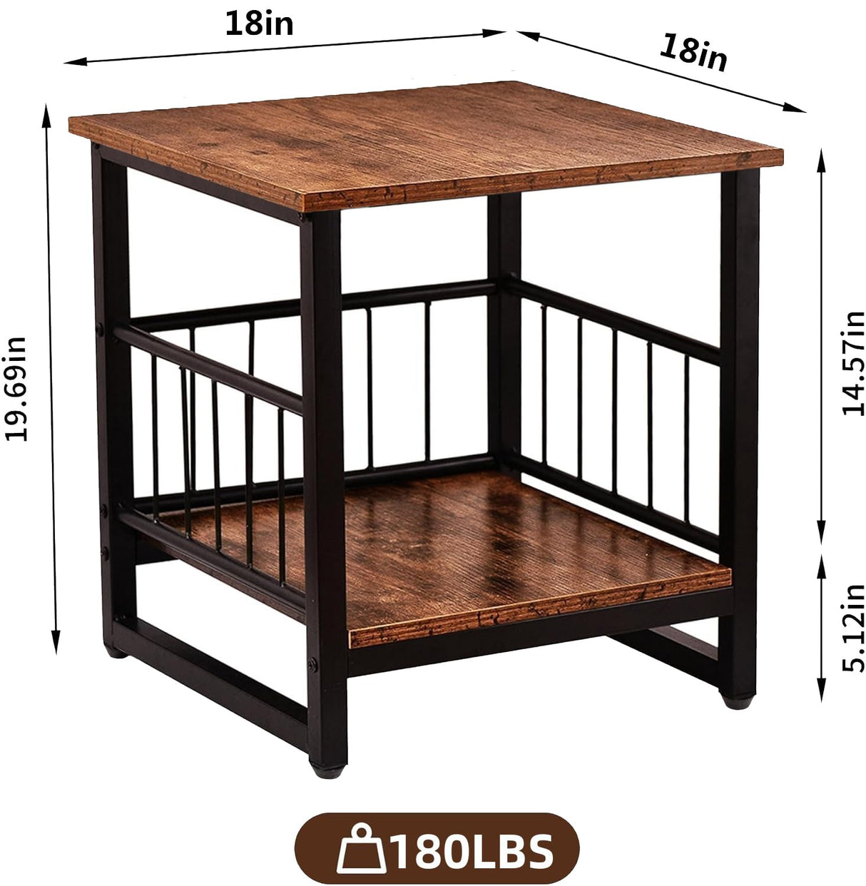 End Table, Industrial Side Table with 2-Tire Storage Shelf, 180LBS Mini Fridge Stand with Adjustable Feet, 18"x18" Wood Night Stand Small Bedside Table with Sturdy Metal Frame for Living Room Bedroom DHMAKER