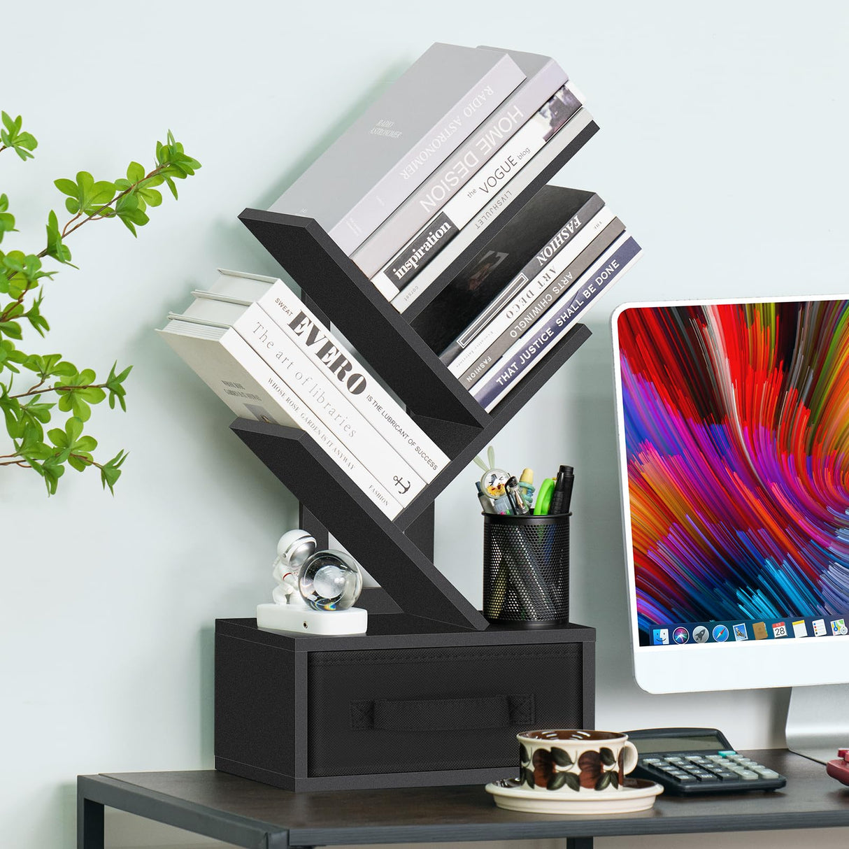 SHEEPAM 4-Tier Classic Black Tree Bookshelf with Drawer – Modern Wooden Desktop Bookcase for Organising Books and Collectibles SHEEPAM