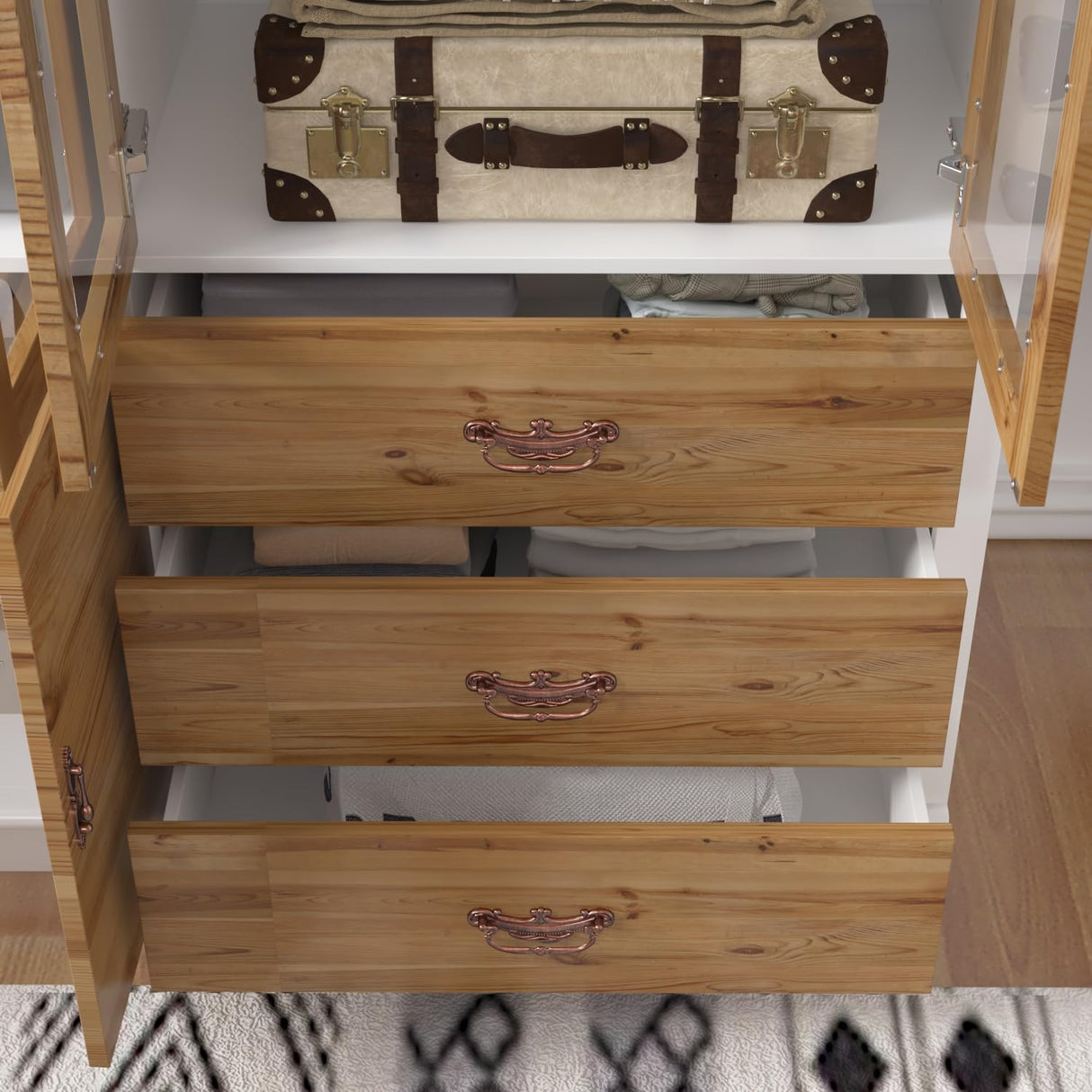 ECACAD 75.7" H Wardrobe Armoire Closet with 4 Carved Glass Doors, 3 Drawers, 6 Compartments & Hanging Bar, Wooden Closet Storage Cabinet with Patterns for Bedroom, Brown & White ECACAD