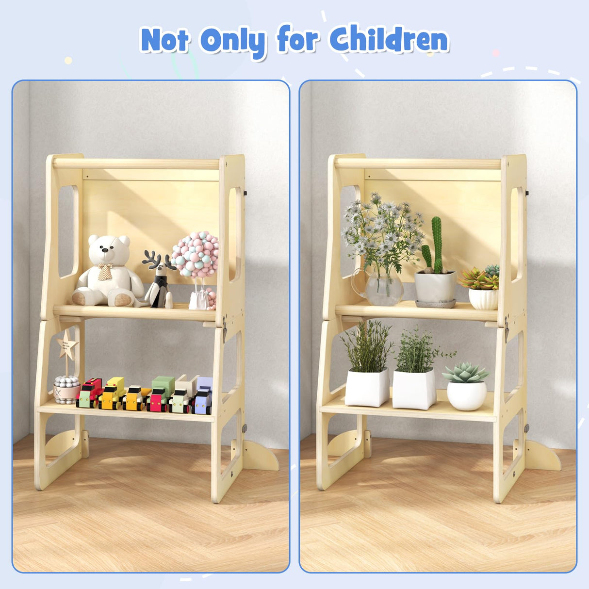 OLAKIDS Toddler Tower, 4 in 1 Foldable Kitchen Stool Learning Standing Tower with Chalkboard Removable Safety Rail, Kids Wooden Collapsible Montessori Step Stool Table and Chair Set Olakids