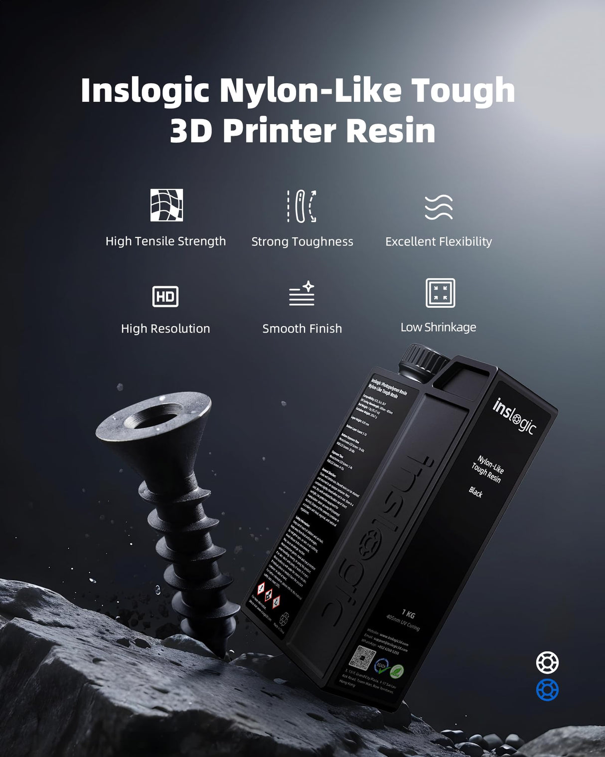 Inslogic Nylon-Like Tough 3D Printer Resin, High Impact Resistance & Flexibility for LCD, DLP, SLA Resin 3D Printers, Durable, Low Shrinkage, 365-405nm UV-Curing Resin for Functional Parts, 1kg, Black Inslogic