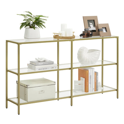 VASAGLE 51.2 Inch Console Table with 3 Shelves, Sofa Table, Entryway Table, Metal Frame, Tempered Glass Shelf, Modern Style, for Entryway Living Room Bedroom, Metallic Gold and Transparent ULGT024A01