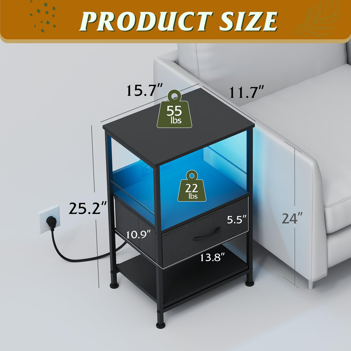 WLIVE Night Stand with Charging Station, LED Nightstand with Adjustable Fabric Drawer, 3-Tier Storage Bedside Table, Small End Side Tables for Bedroom, Black WLIVE