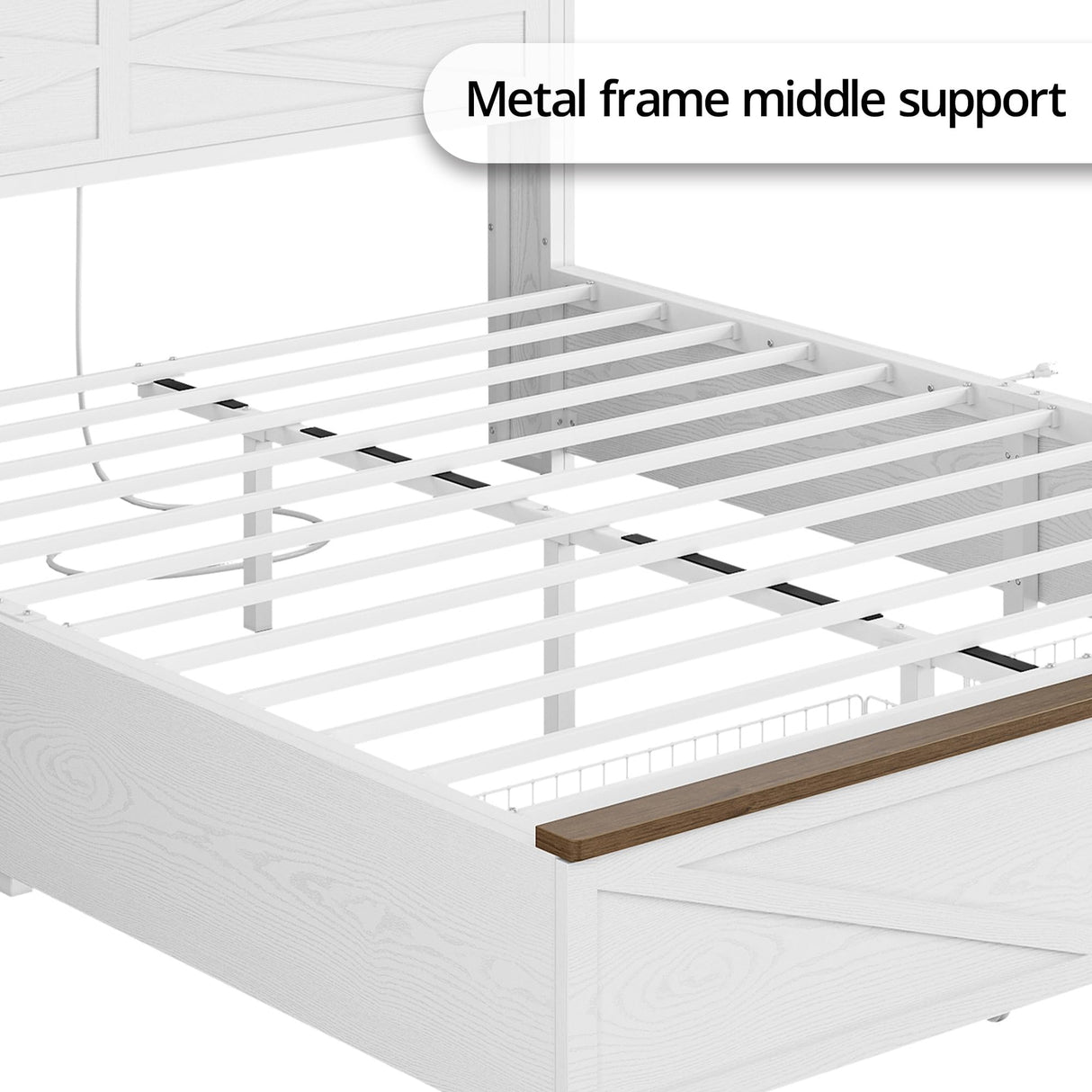 IRONCK Farmhouse Queen Size Bed Frame with LED Light and Charging Station, Wood Bed Frame with Storage Headboard and 2 Drawers, Barn Door Design, Sturdy and Noiseless, White IRONCK