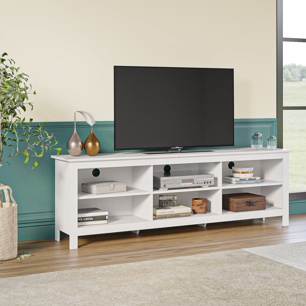 Panana TV Stand with 6 Cubby for 75 inch TV, Television Stands Entertainment Center Media Stand TV Table for Living Room, Bedroom (White 70 inch) Panana