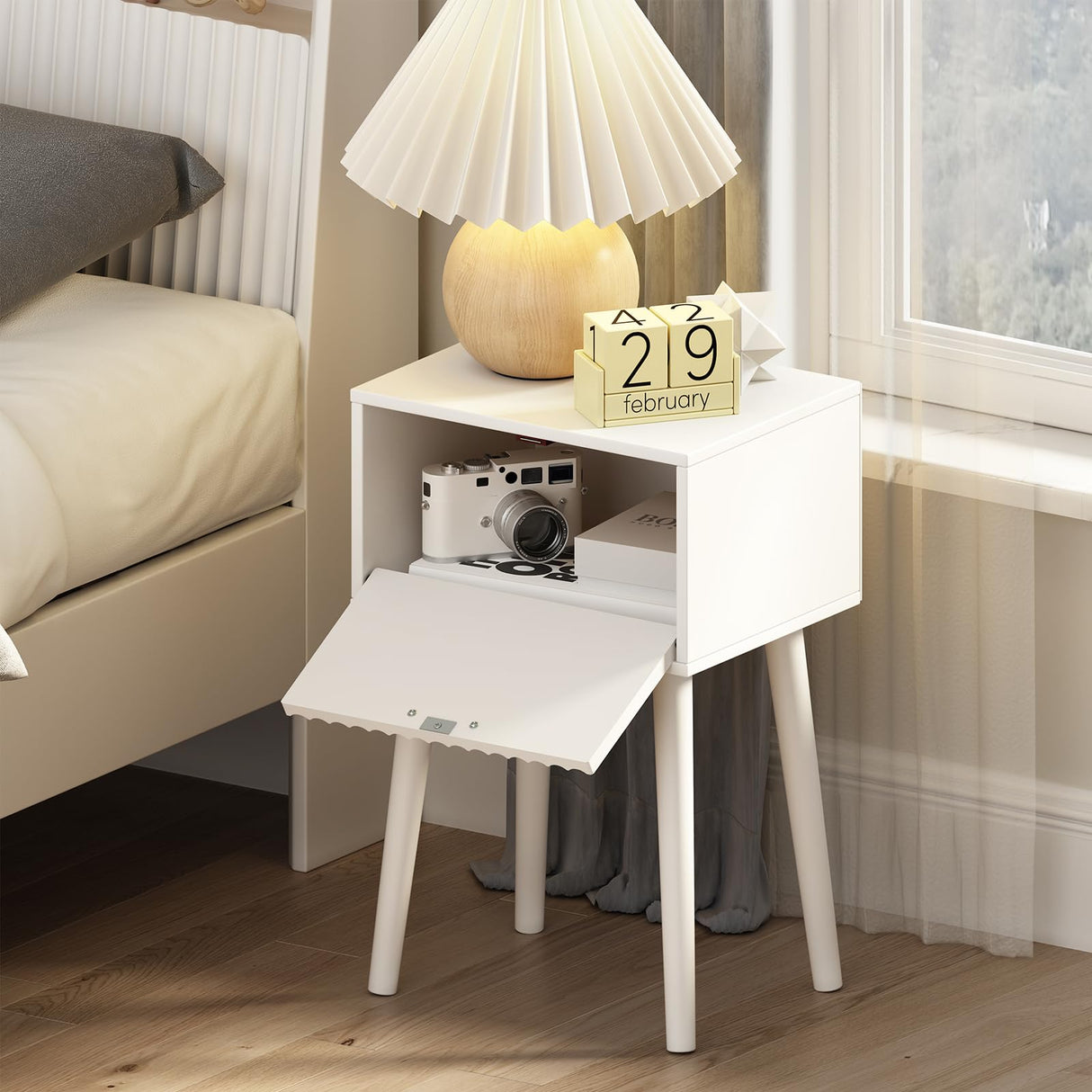 LAATOOREE Nightstands Set of 2, Small Side Table, Bedside Table with Fluted Door, Solid Wood Feet; Modern Mid-Century End Table for Bedroom, Small Space (White) LAATOOREE