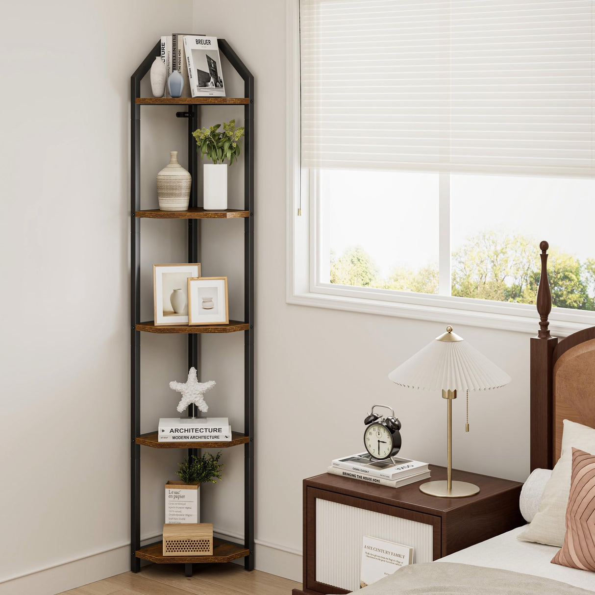 5-Tier Corner Shelf | 70 Inch Tall Bookshelf & Plant Stand, Heavy Duty Storage for Home Office & Living Room - Brown Realgulf
