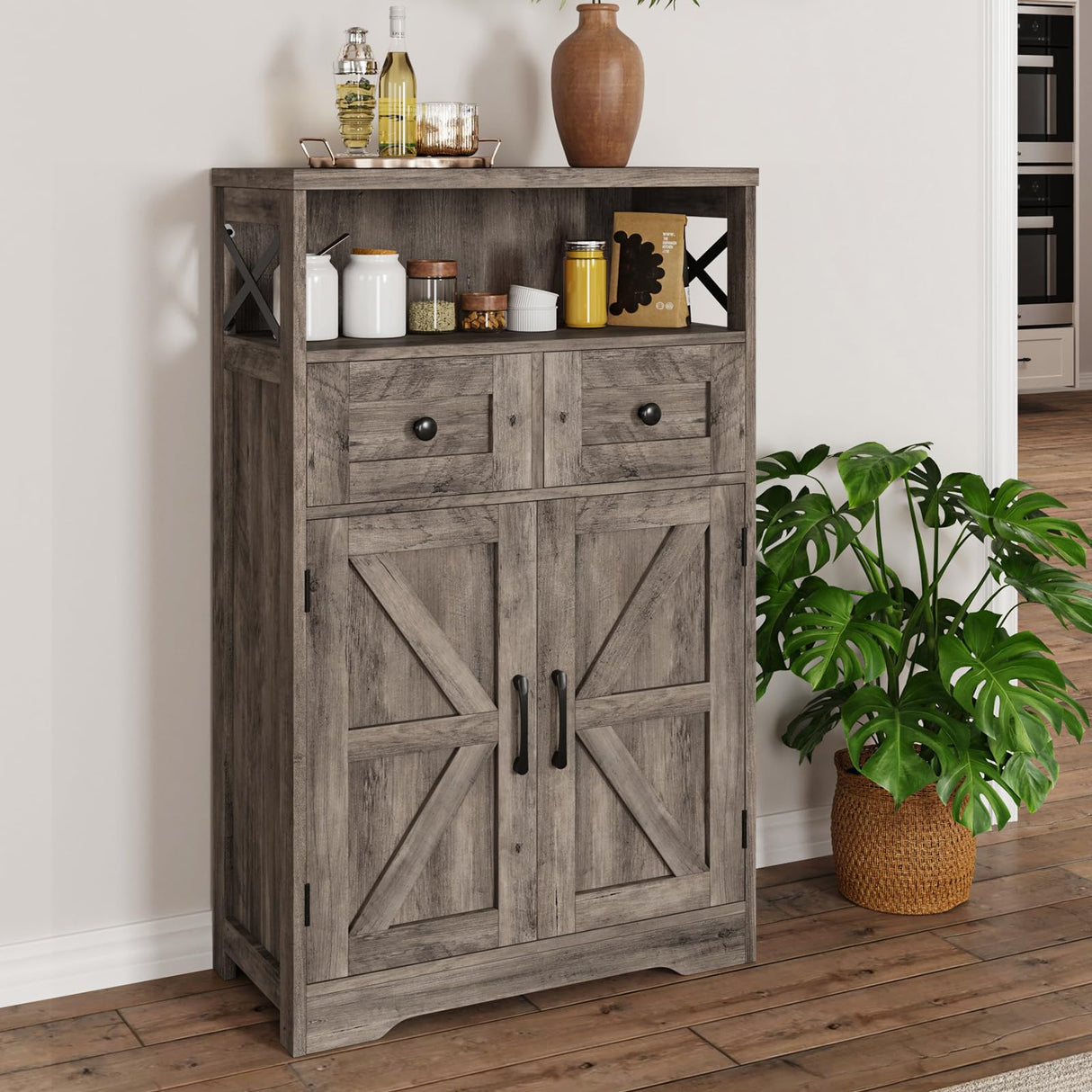 Farmhouse Storage Cabinet with Barn Doors and Open Shelf, Kitchen Pantry with Storage, Coffee Bar Station, Freestanding Cupboard Hutch Cabinet for Kitchen, Dinning Room, Livingroom, Grey FiveWillowise