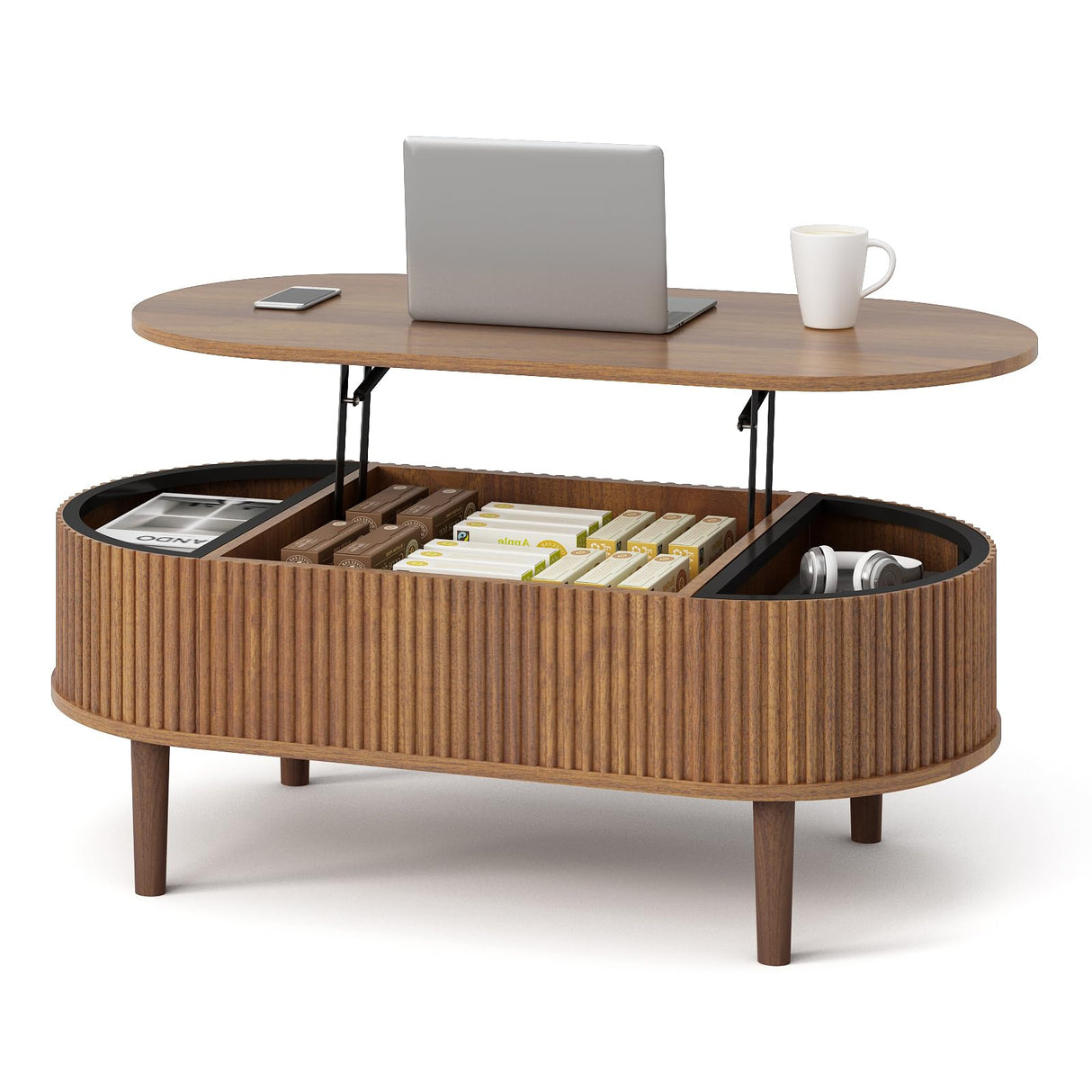 Ludatido 39 Inch Lift Top Coffee Table with 3 Storage for Living Room, Oval Coffee Table with Hidden Compartment, Fully Wooden Center Easy to Assembled for Home Living Room Office Brown Ludatido