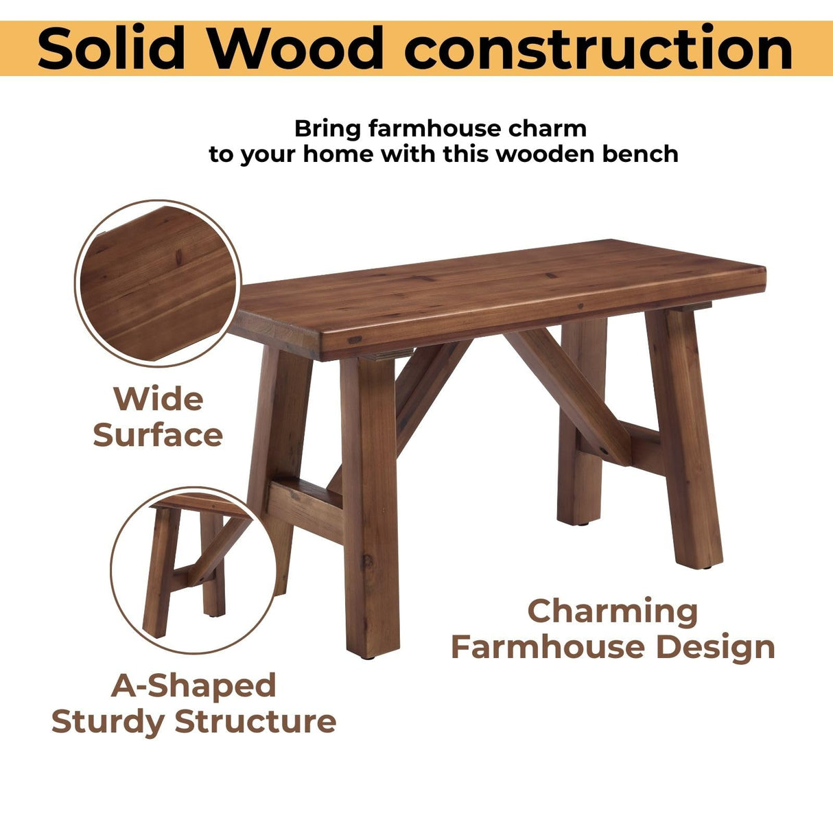 DM Furniture 30" Farmhouse Wood Bench, Solid Wood Entryway Bench Seat Rustic Wooden Entry Way Bench Indoor for Living/Dining Room, Small Hallway Bench, Porch, Handcrafted, Walnut DM Furniture