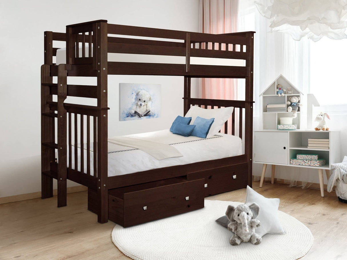 Bedz King Tall Bunk Beds Twin over Twin Mission Style with End Ladder and 2 Under Bed Drawers, Dark Cherry Bedz King