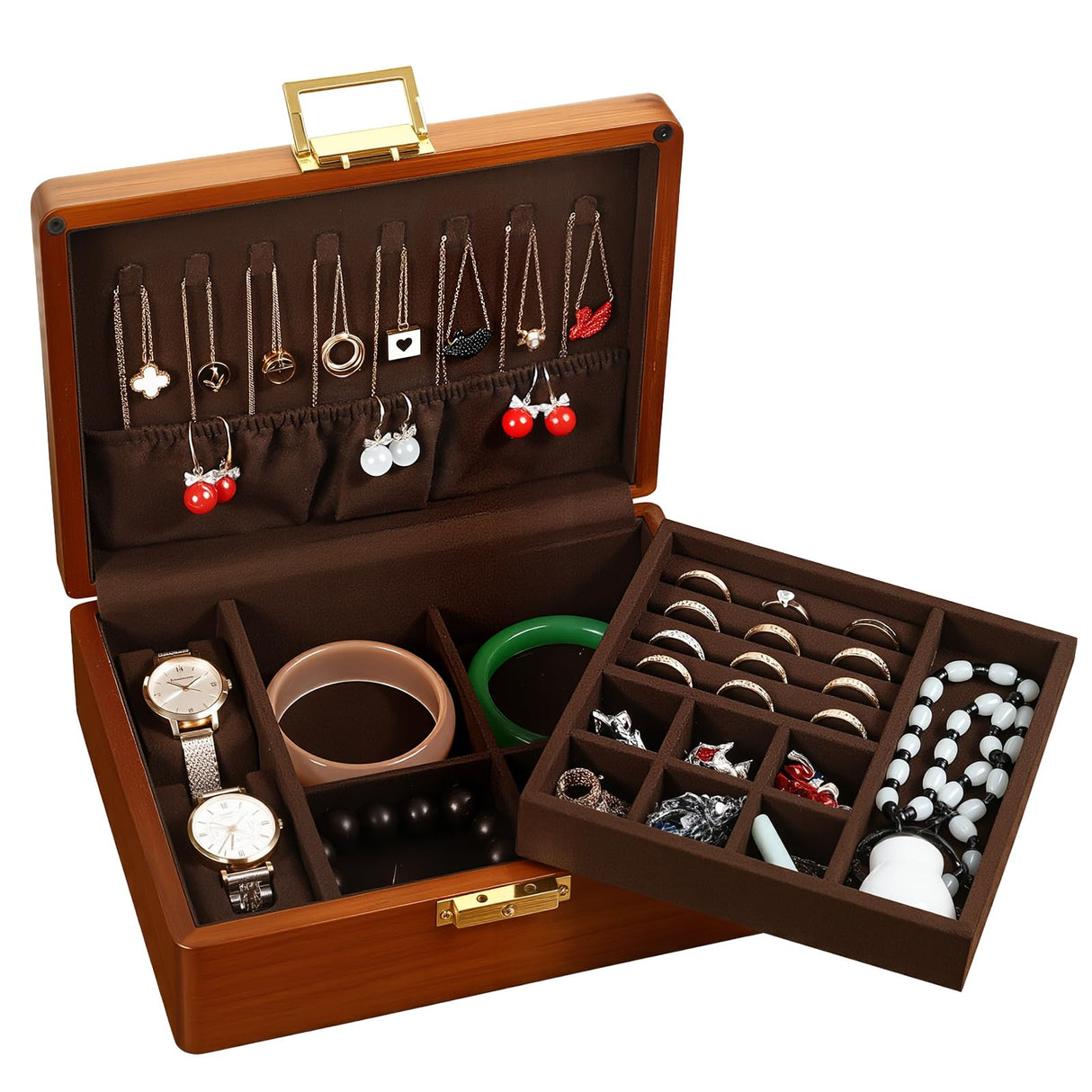 LIBOLXSP Solid Walnut Wood Jewelry Box with Lock,2 Layer Velvet Lined for Earrings Rings Necklaces Bracelets Watches,Both Style and Security, for Men Women,Vintage Brown LIBOLXSP