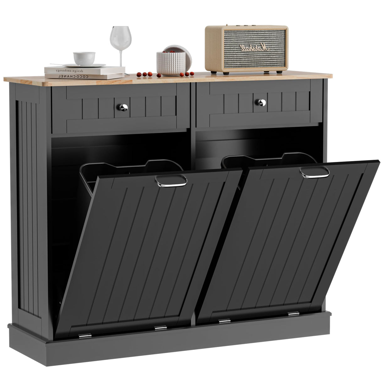 Ancohom Double Tilt Out Trash Cabinet Kitchen Waste Bins,Laundry Hamper Tilt Out Trash Can Cabinet 2 * 13 Gallon Pet Proof Trash Can for Kitchen (White) Ancohom