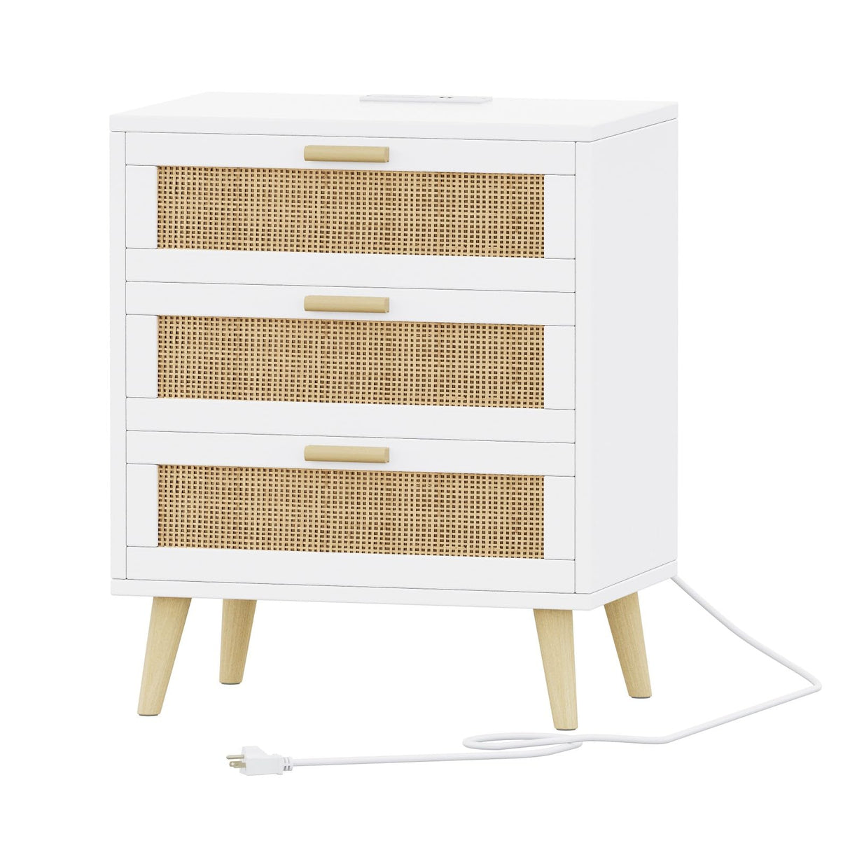 Irontar Rattan Nightstand with Charging Station, Night Stand with 3 Large Rattan Drawers, Accent End Table, Bedside Table with Solid Wooden Legs for Bedroom, White and Natural BZZ006WME Irontar
