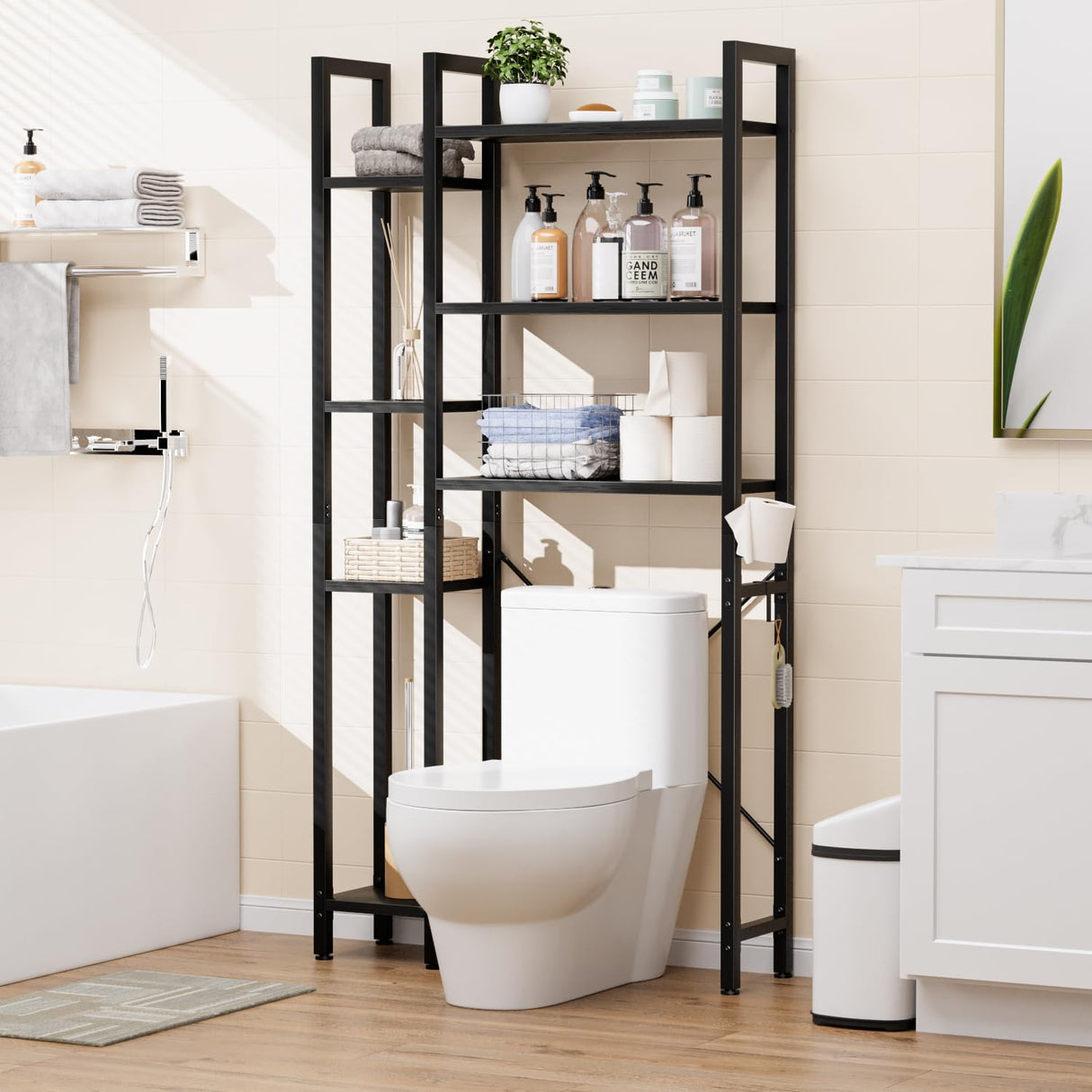 OTK Over The Toilet Storage with 7-Tier Bathroom Organizer Shelf, Freestanding Space Saver with Hooks & Adjustable Feet, Storage Rack for Bathroom, Restroom, Laundry, Black OTK