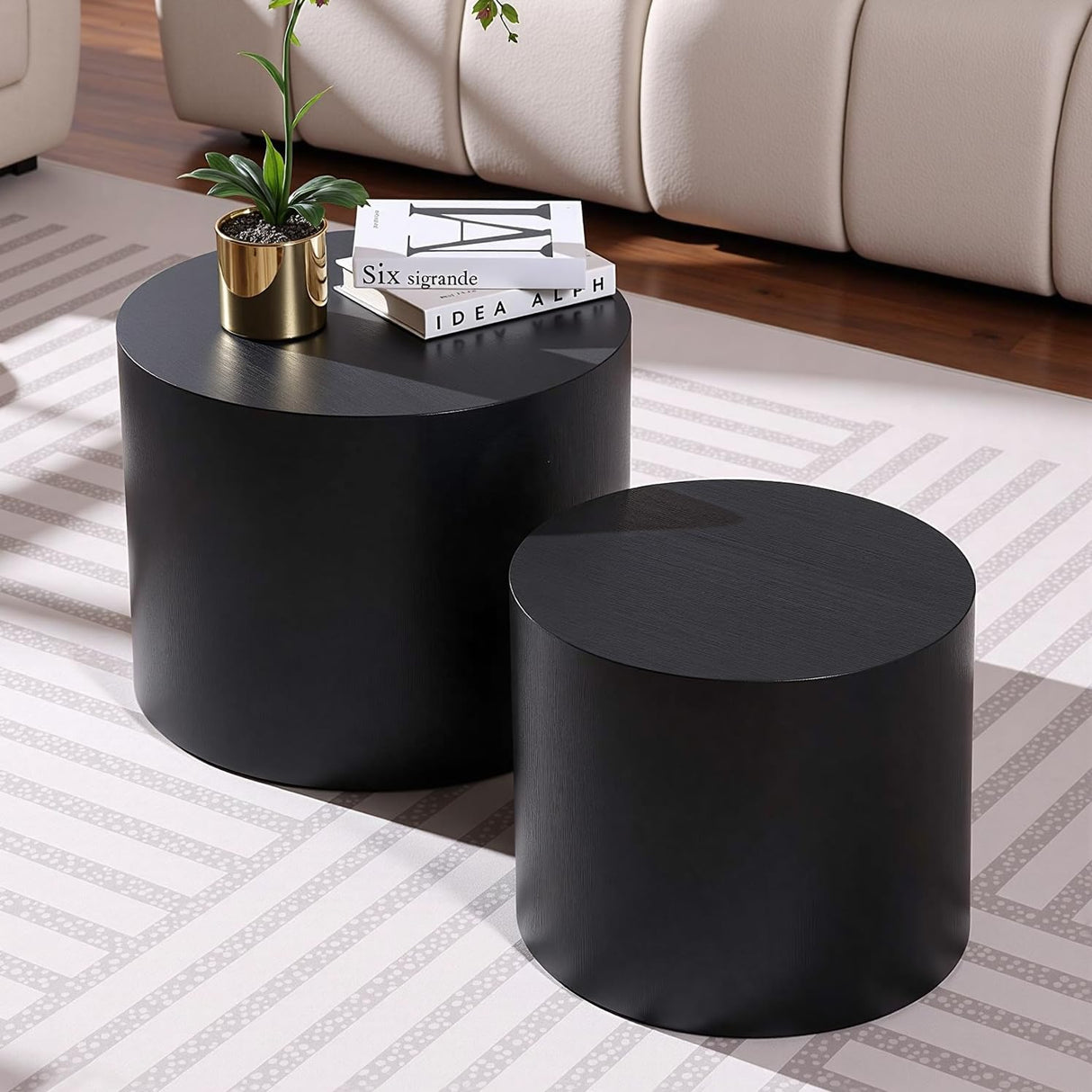 Nesting Coffee Table Set of 2, Modern Round Coffee Table with Non-Slip Feet, Wooden Circle Accent Tables for Small Spaces Living Room Bedroom Balcony Office Drum Side Table (Black) ivoros